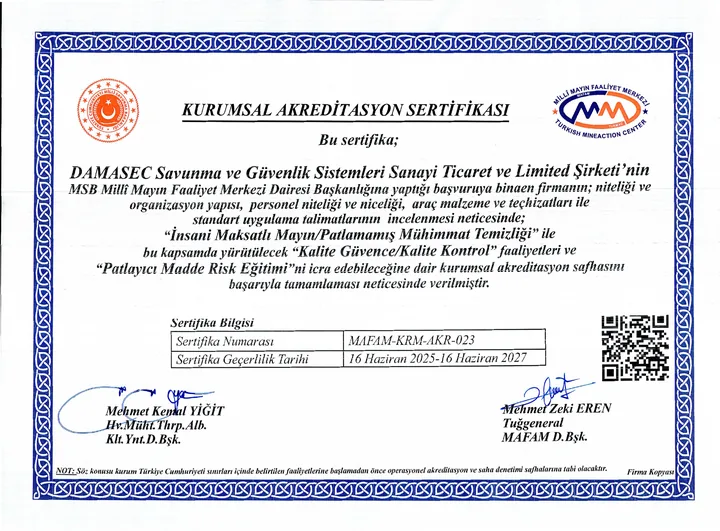 MoND MAFAM (Turkish Mine Action Center) — Institutional Accreditation Certificate